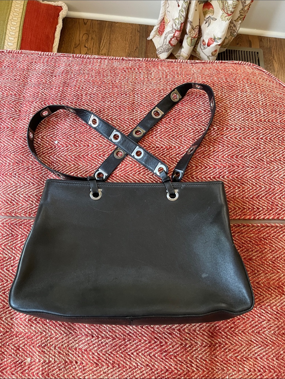 Salvatore Ferragamo Black Leather Shoulder Bag with Grommet-Strap Detail